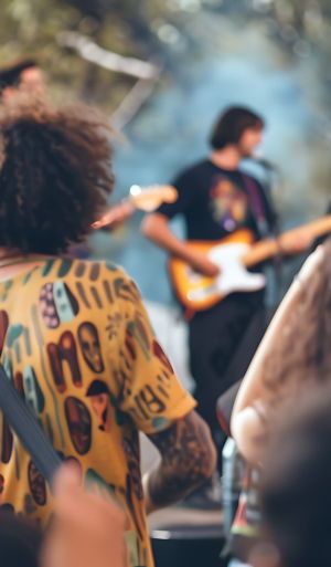 A group of people are enjoying a live music performance at an outdoor music festival. The focus is on the crowd, who are all looking at the stage.